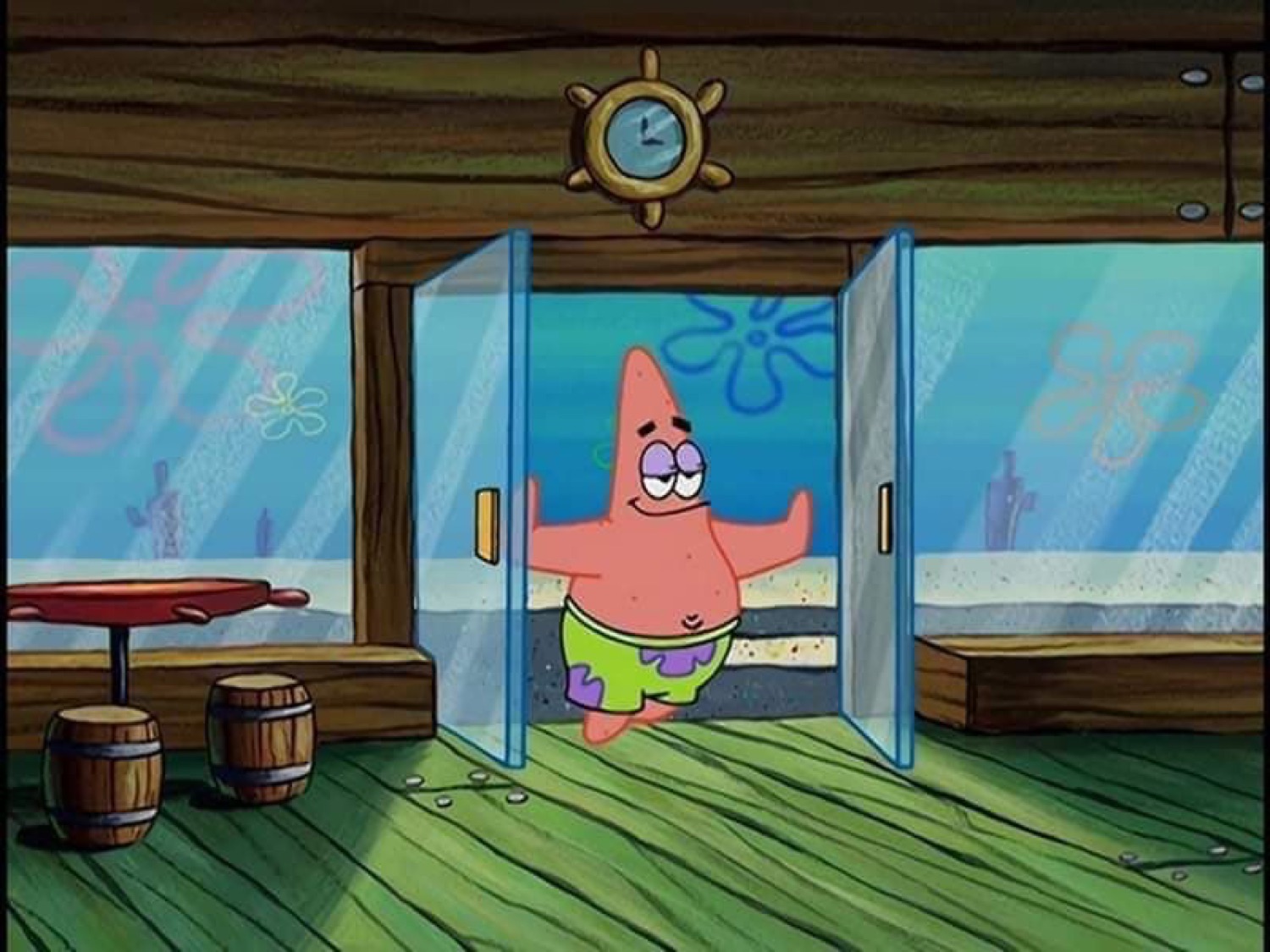 Patrick walking through the Krusty Krab doors with a smug look