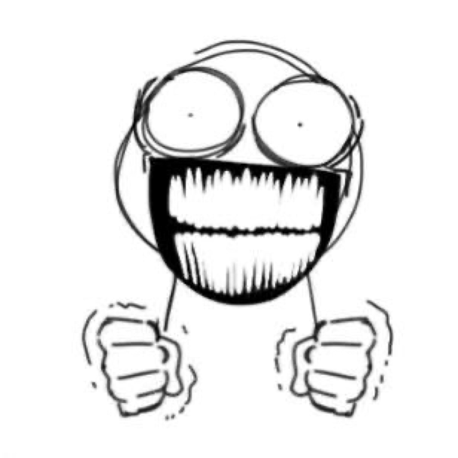 Crude doodle face with huge eyes, a jagged manic grin, and clenched shaking fists