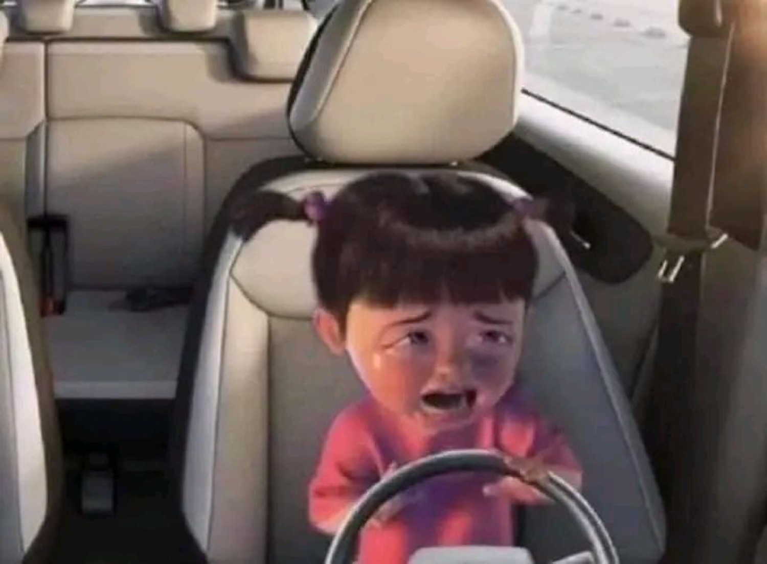 Boo from Monsters Inc crying while driving