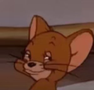 Jerry the mouse resting his chin on his paws with a smug, content little smile