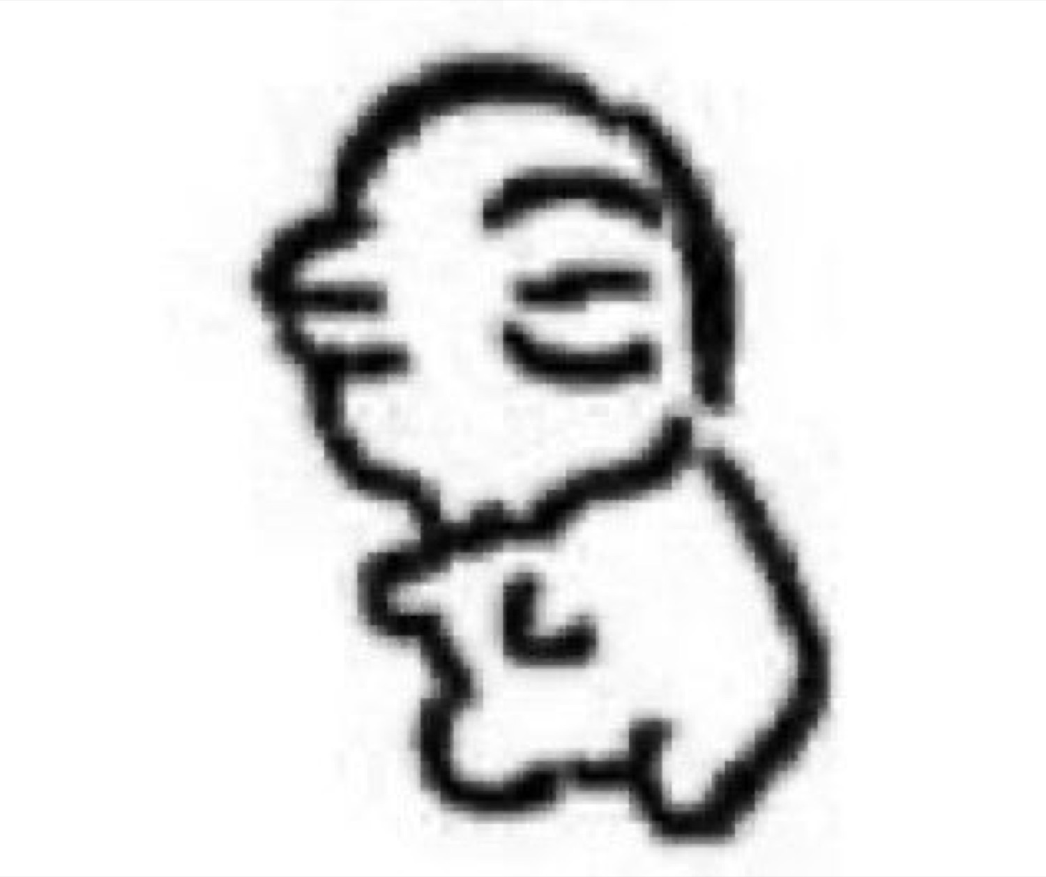 Crude hand-drawn blob doodle turned sideways with a shy, sheepish smile