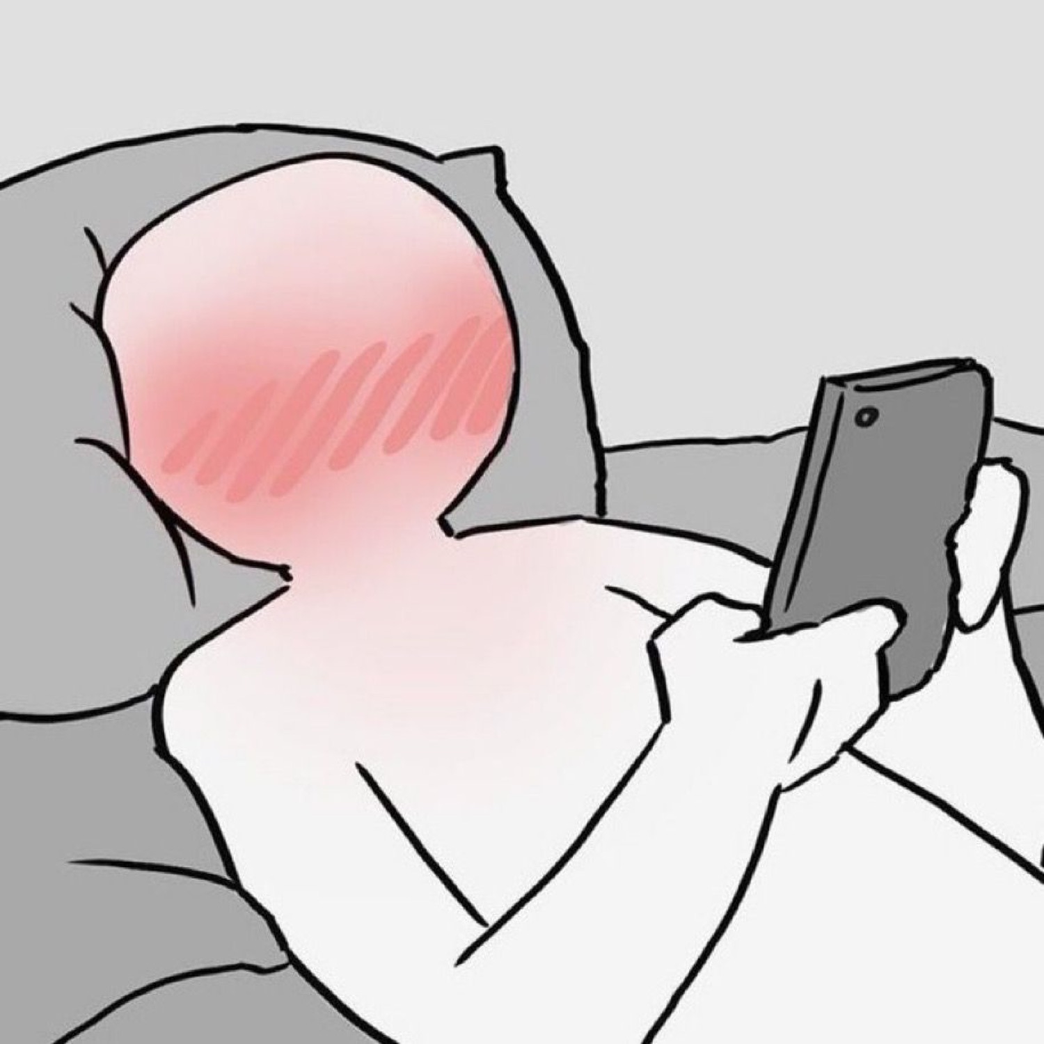 Cartoon figure in bed blushing bright red while staring at their phone