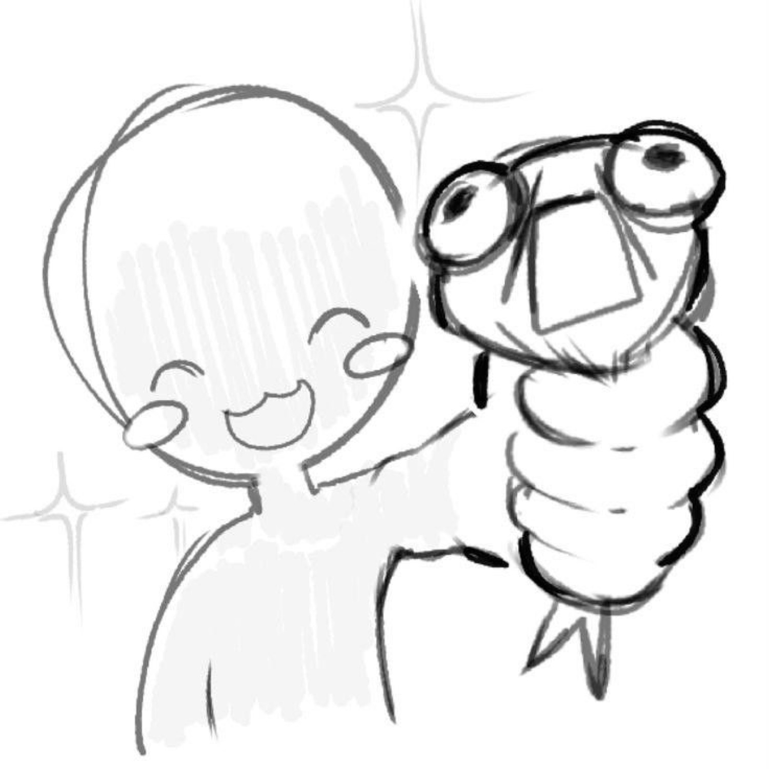 Chibi character happily holding up a cartoon grub with sparkling eyes