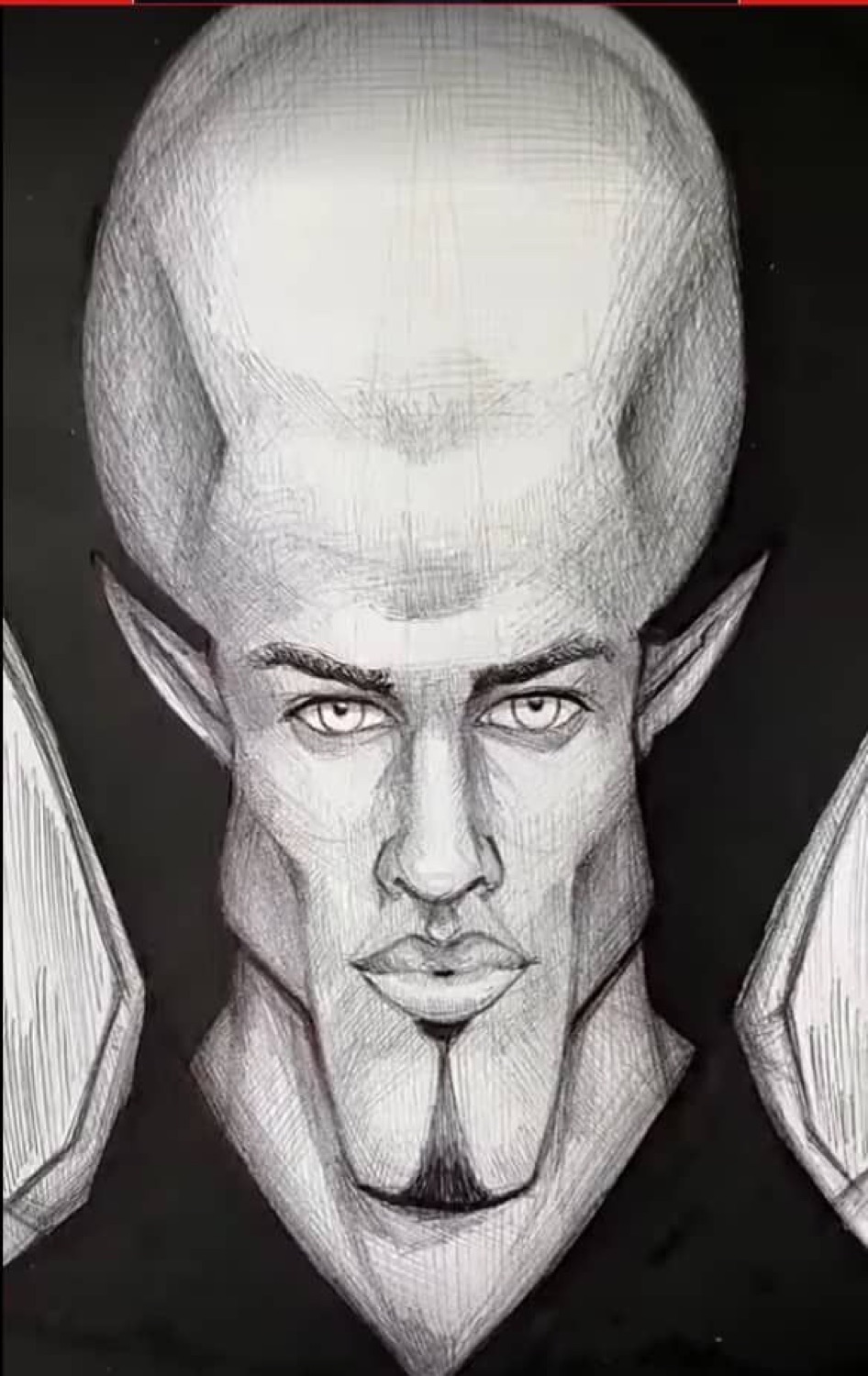 Pencil sketch of a Megamind-headed chad with a pointed beard
