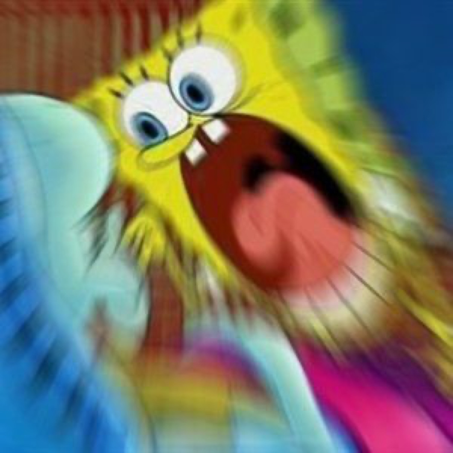 Zoomed-in blurry SpongeBob mid-scream with bulging eyes and a wide open mouth