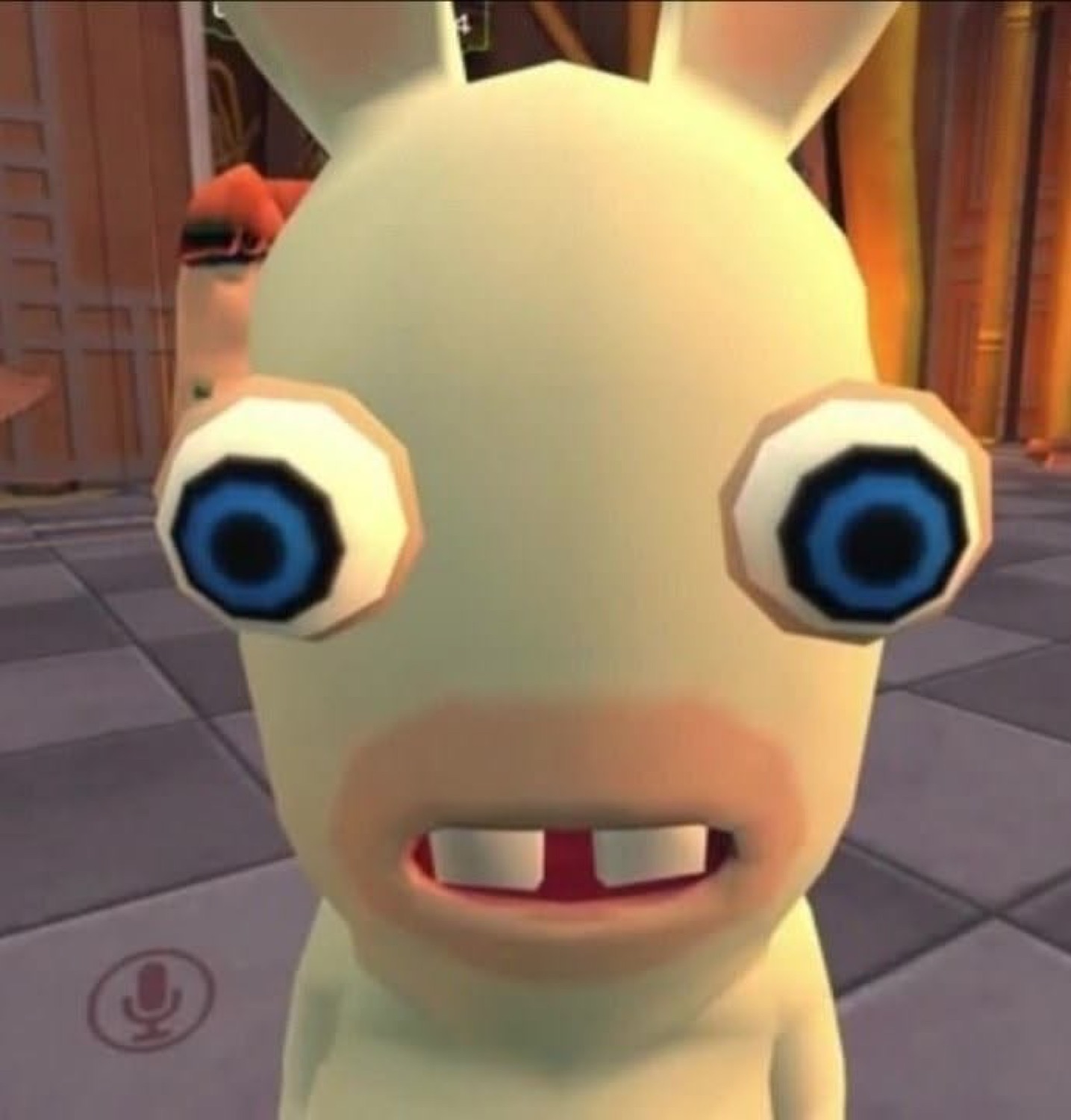 Bug-eyed white rabbit character staring dead ahead with its buck teeth out