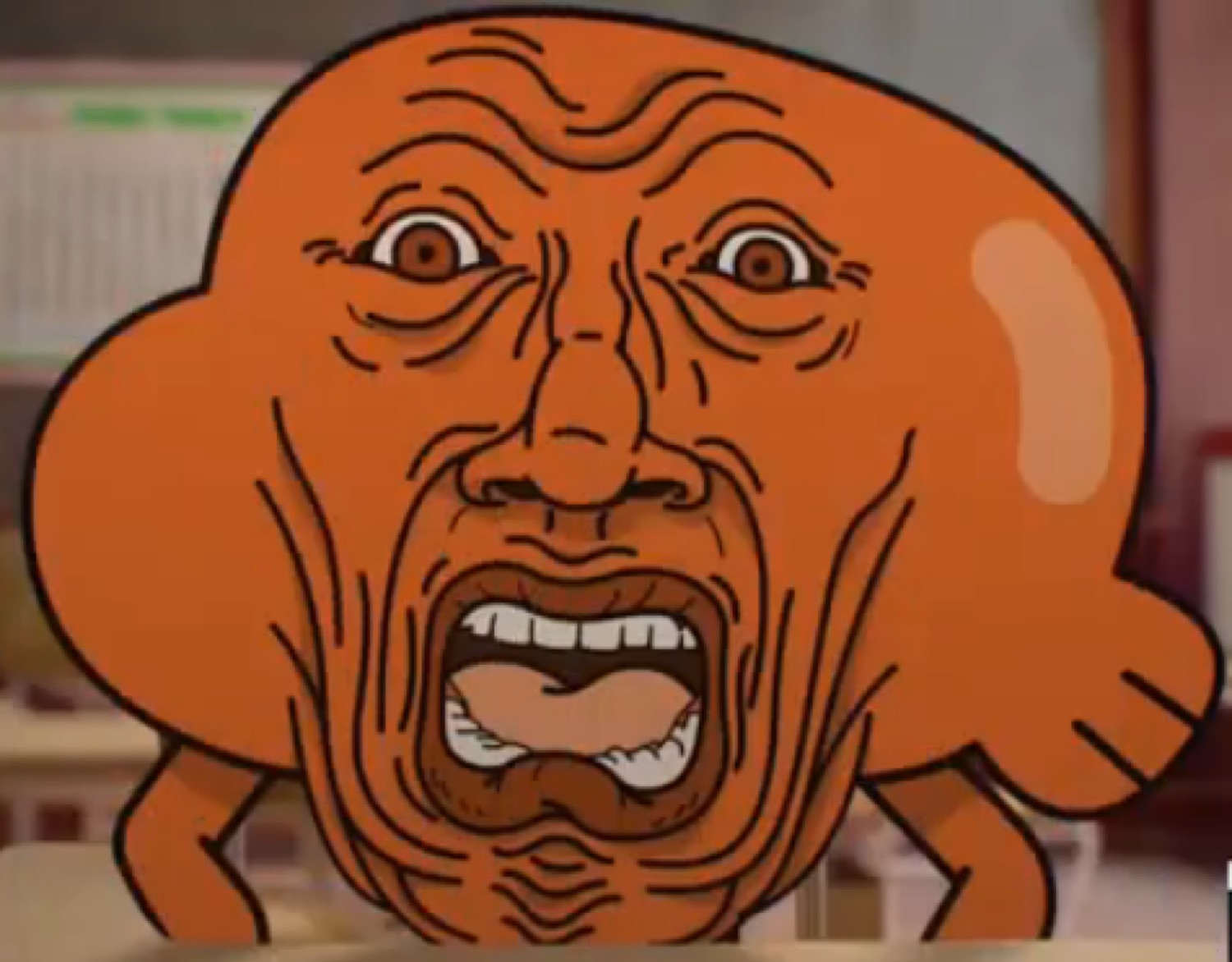 Gumball cartoon character with a hyper-realistic wrinkled screaming face, mouth wide open