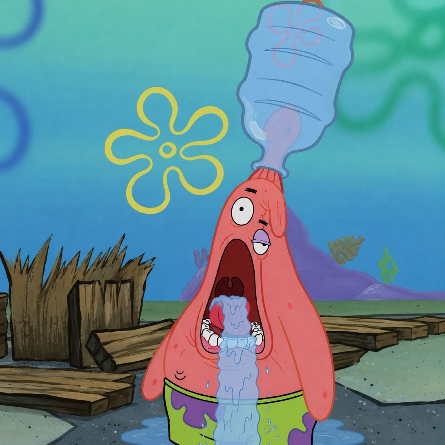 Patrick Star screaming with mouth wide open as a water jug pours down his throat