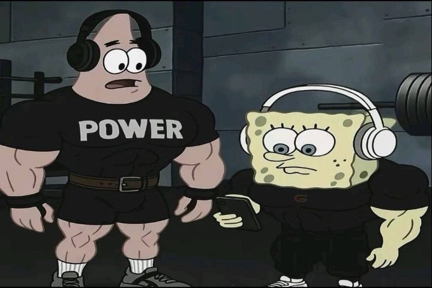 Buff cartoon dad in a POWER shirt next to buff SpongeBob in headphones at the gym