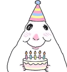 White blob in a party hat holding a birthday cake with candles
