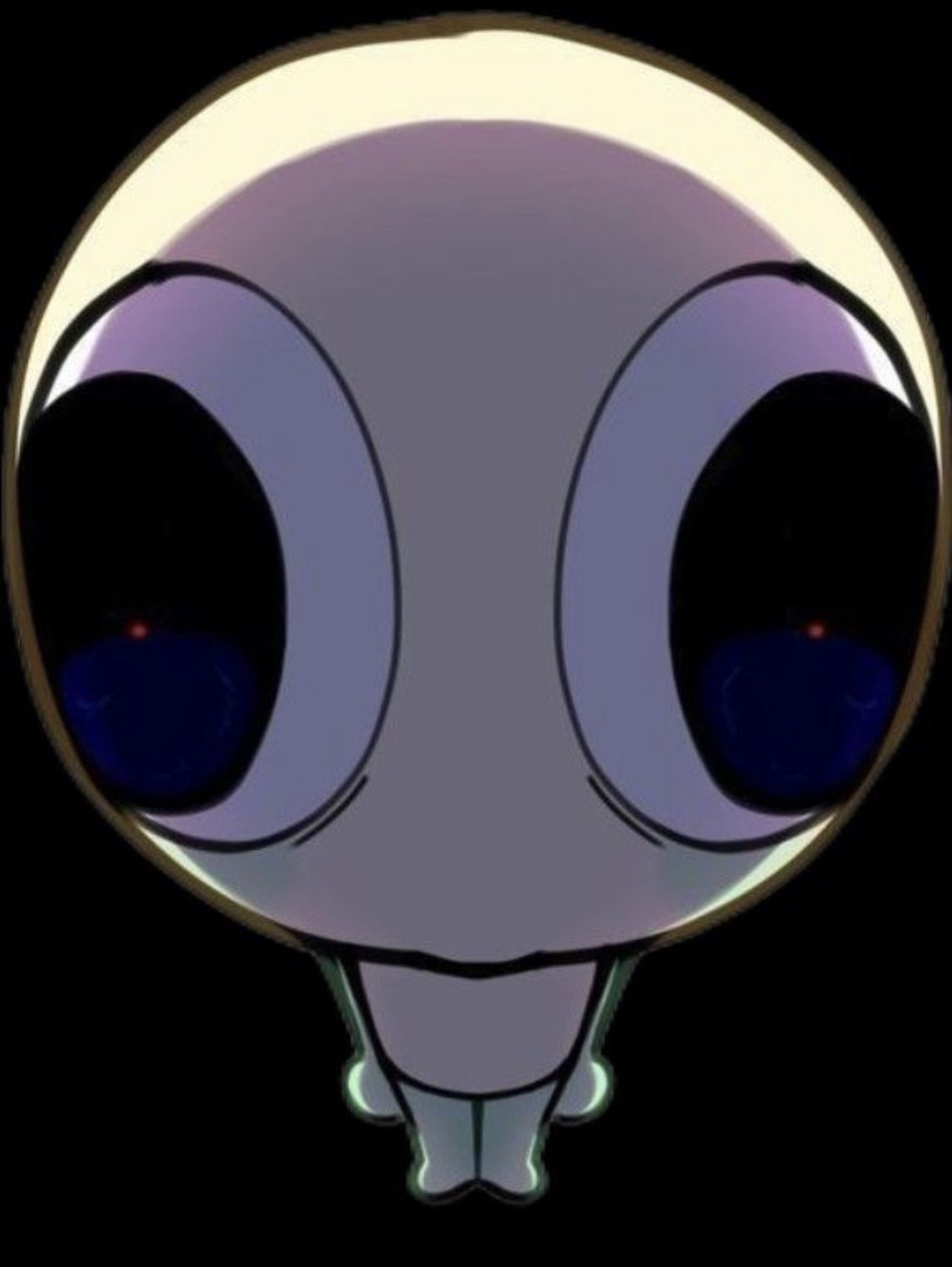 Bug-eyed cartoon alien with giant dark eyes peering out of a hole