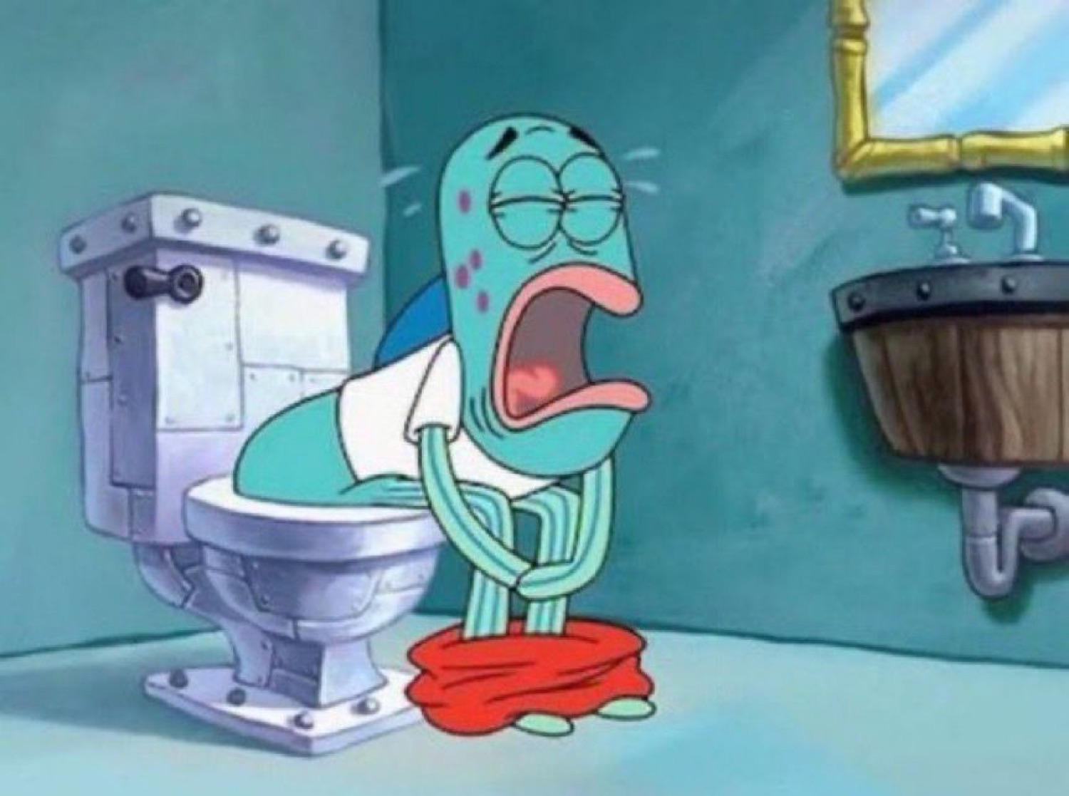SpongeBob fish screaming with his pants around his ankles on the toilet