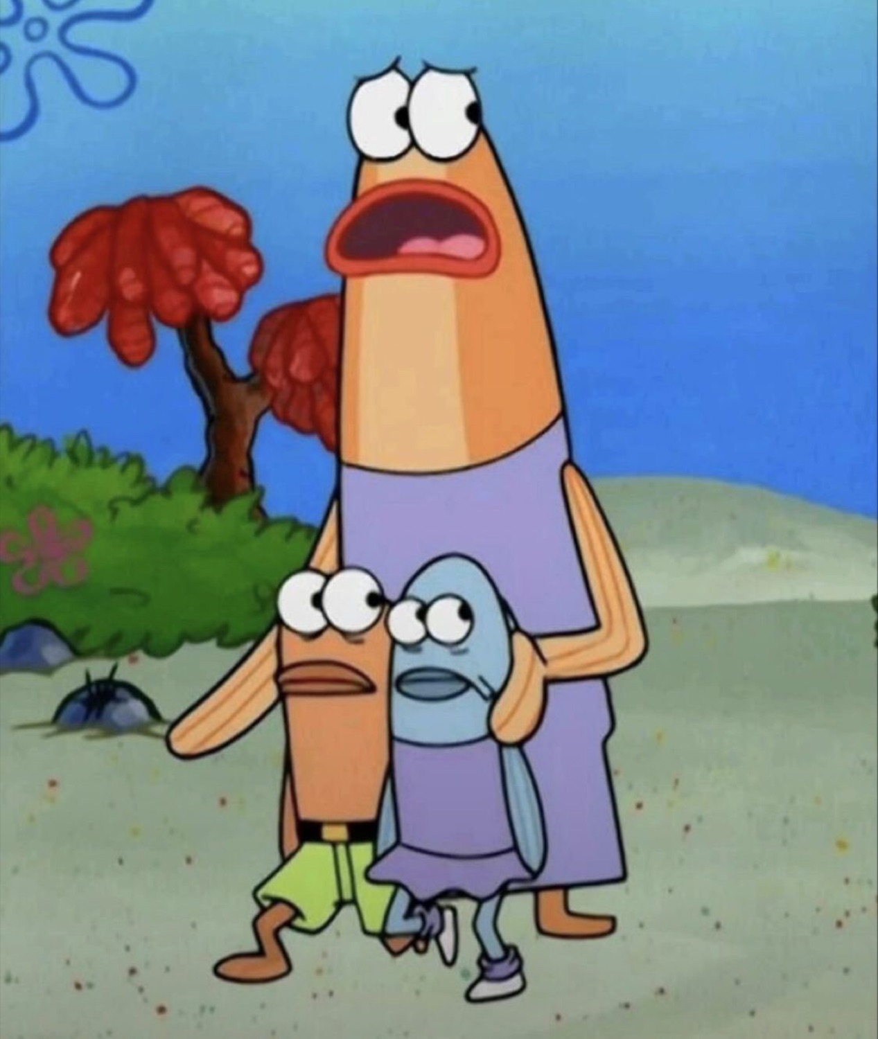 Cartoon fish mother gasping in horror while shielding two wide-eyed kids