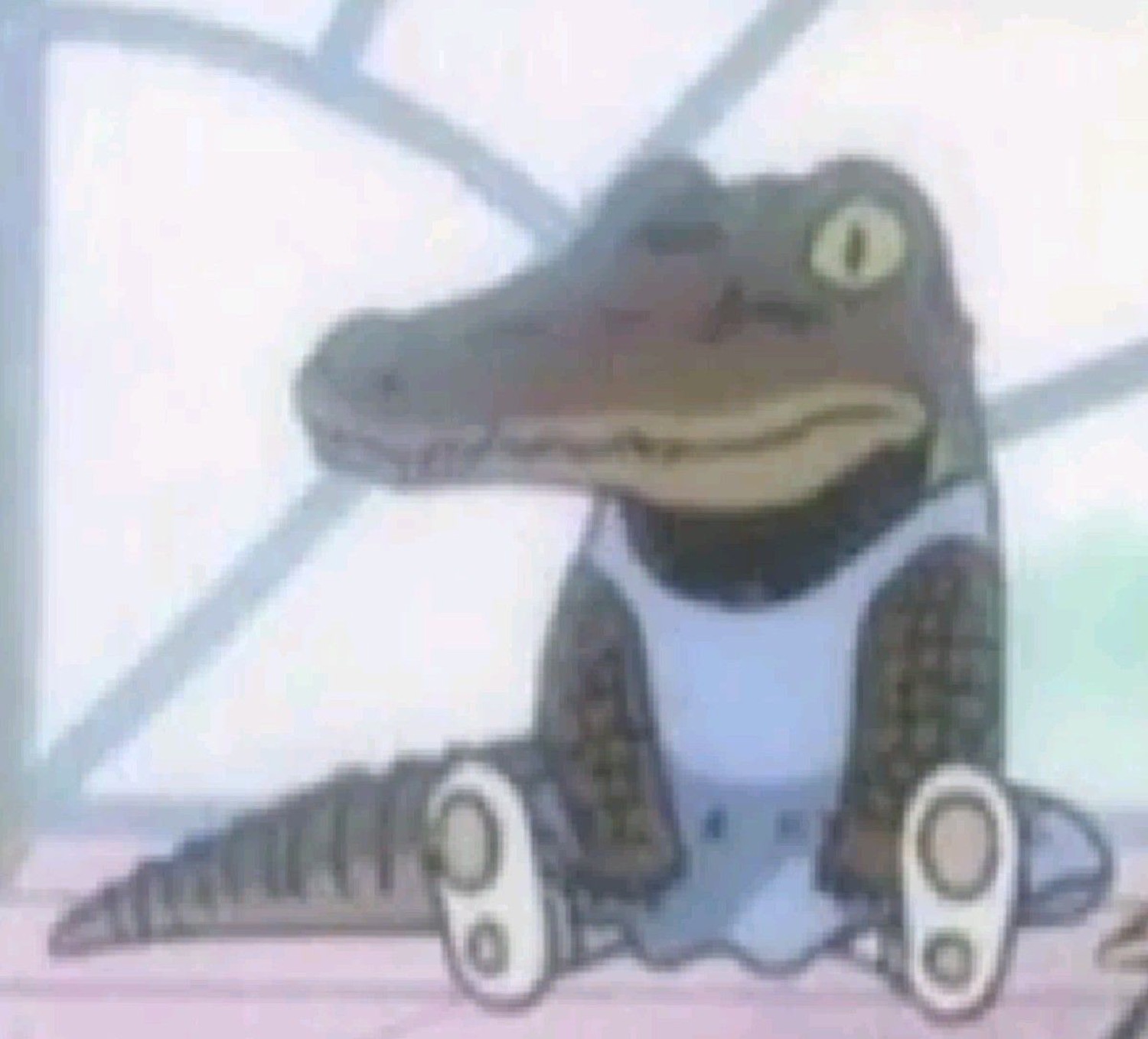 Cartoon alligator in a tank top sitting with its legs out, staring blankly