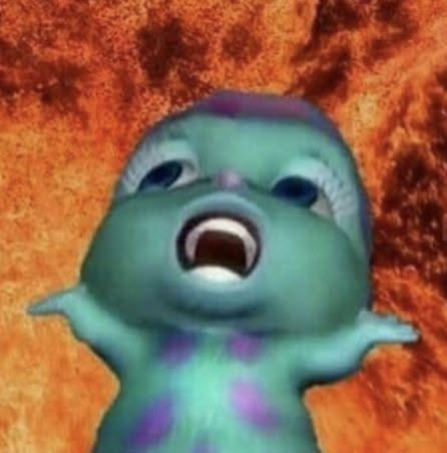 Baby Boo from Monsters Inc. screaming in shock against a fiery background