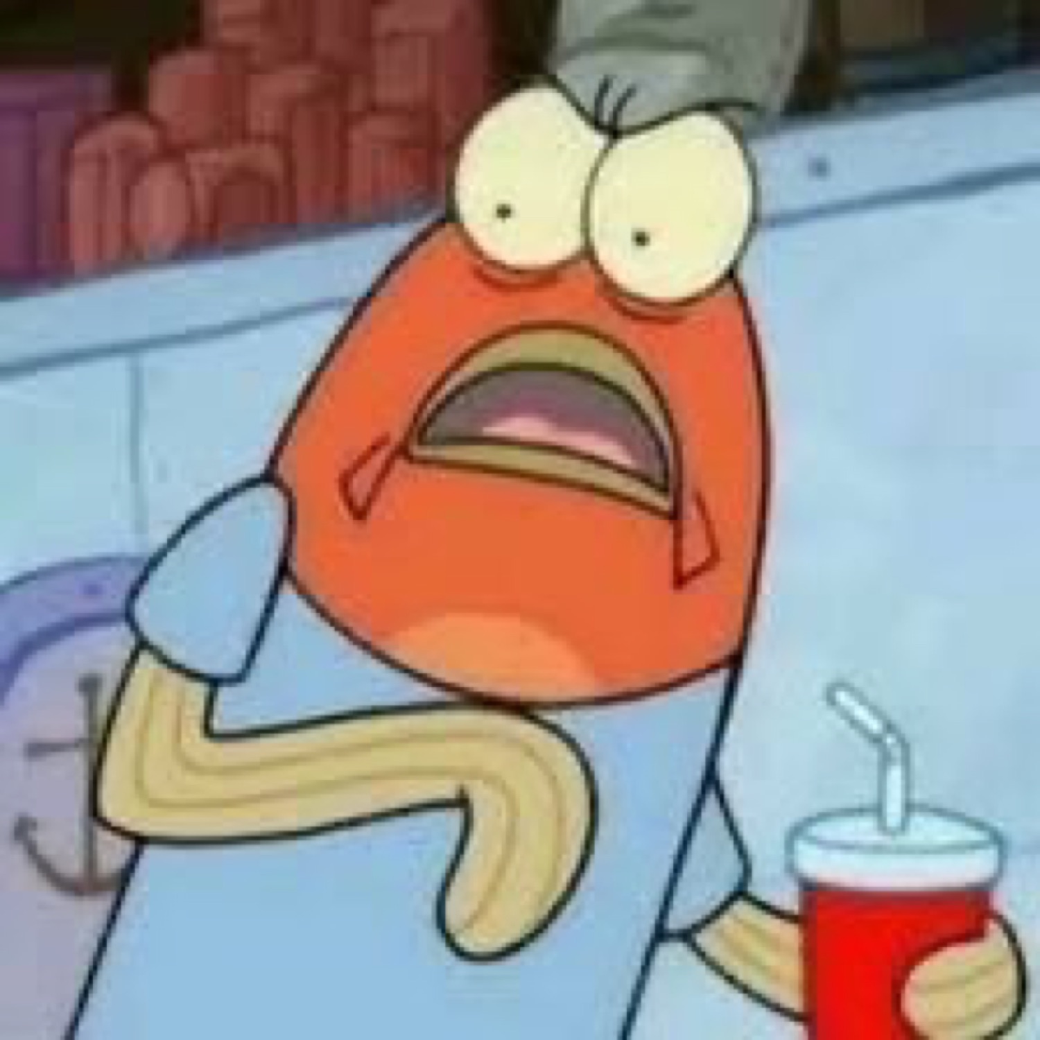 Wide-eyed SpongeBob background fish holding a drink with a startled, awkward face