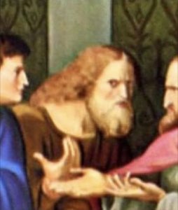 Classical painting detail of three robed figures gesturing in heated conversation with open hands