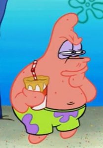 Patrick Star in glasses holding a drink, looking smug and superior