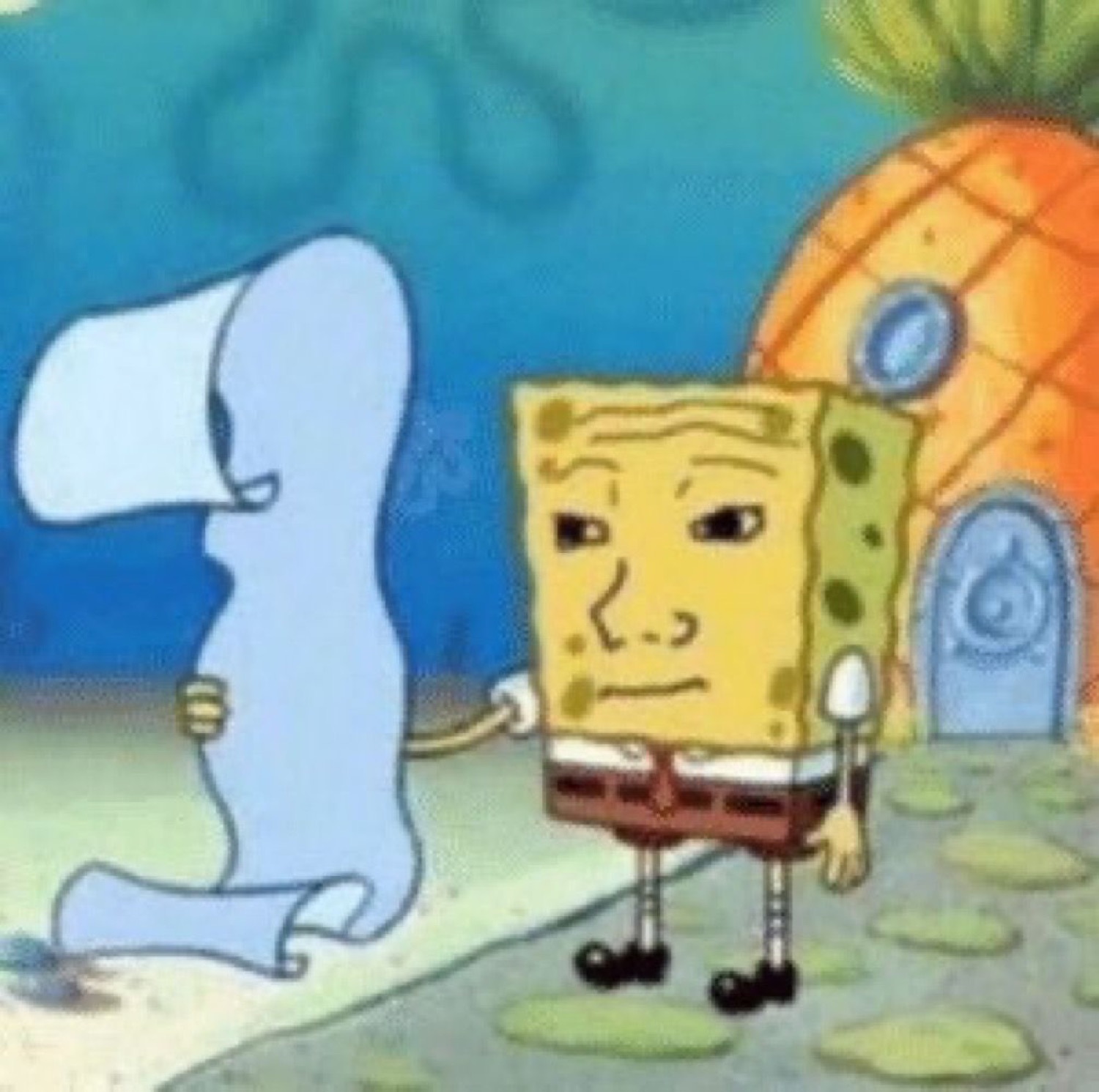 SpongeBob with a photorealistic human face looking extremely smug outside his pineapple house