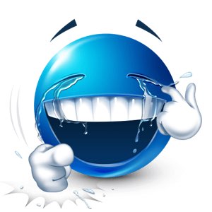 Blue emoji cracking up with tears, one hand pointing at you while wiping its eyes