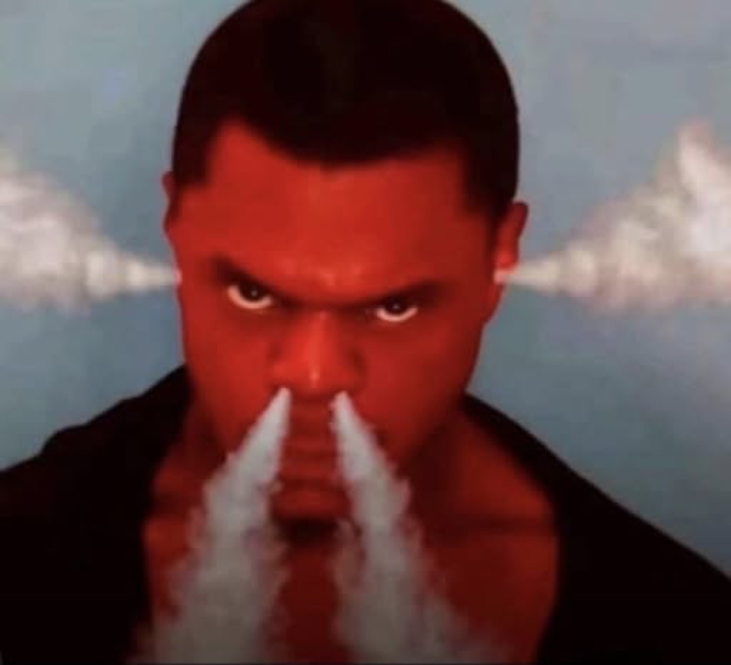 Red-tinted man glaring intensely as steam blasts from his nose