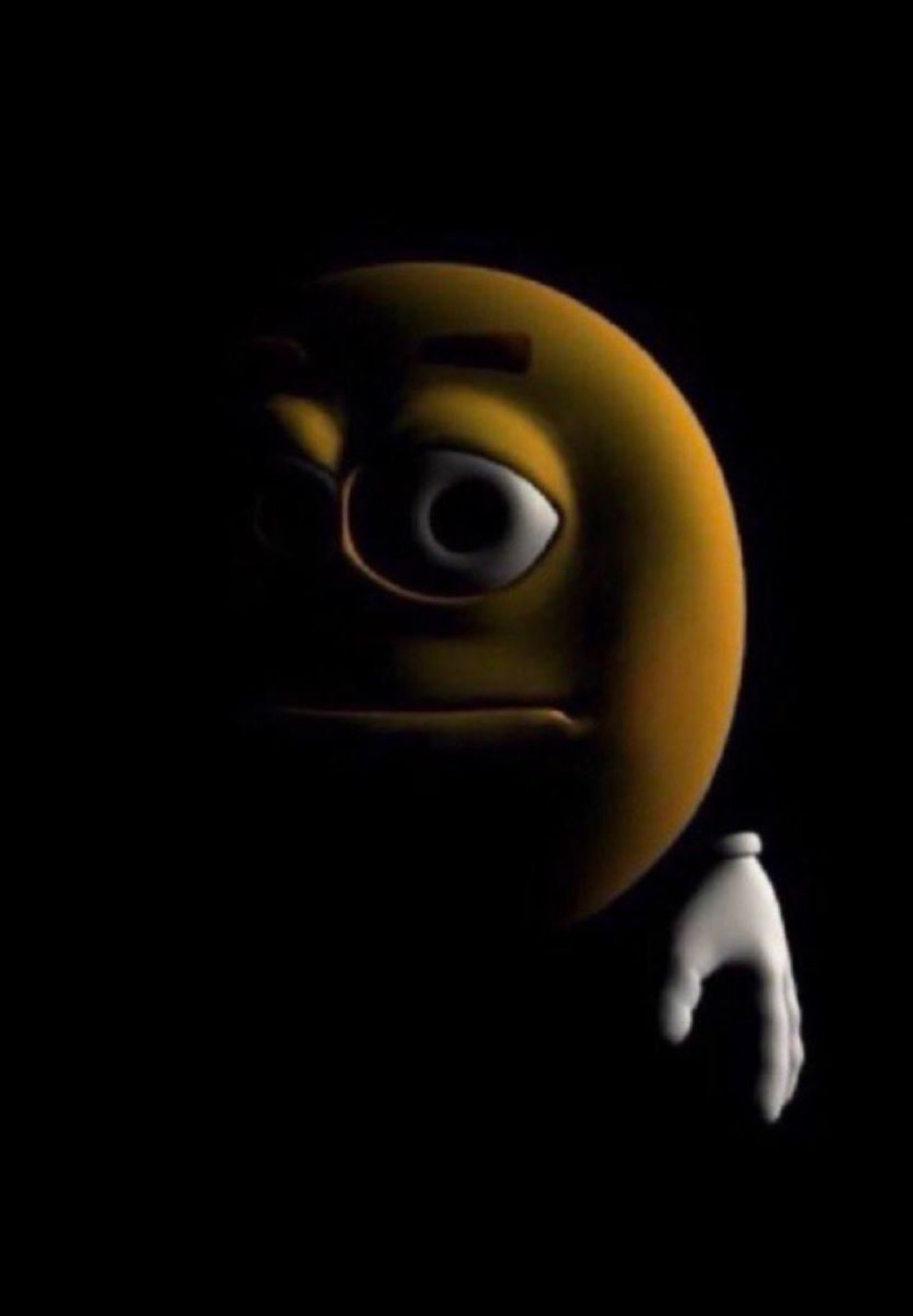 Yellow emoji face lurking in the shadows with a shifty, side-eyeing stare and a reaching hand