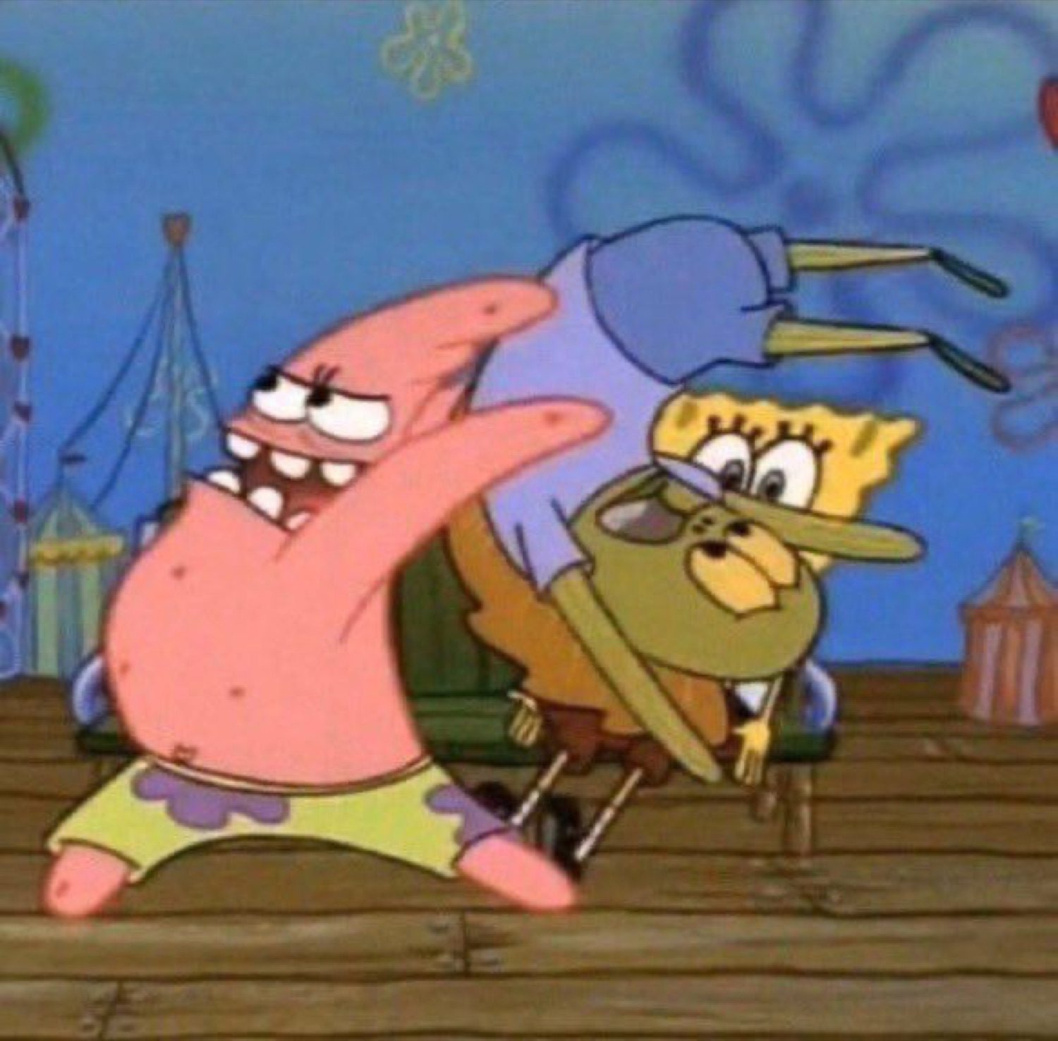 Patrick Star flipping out with a wide-eyed rage face at a carnival