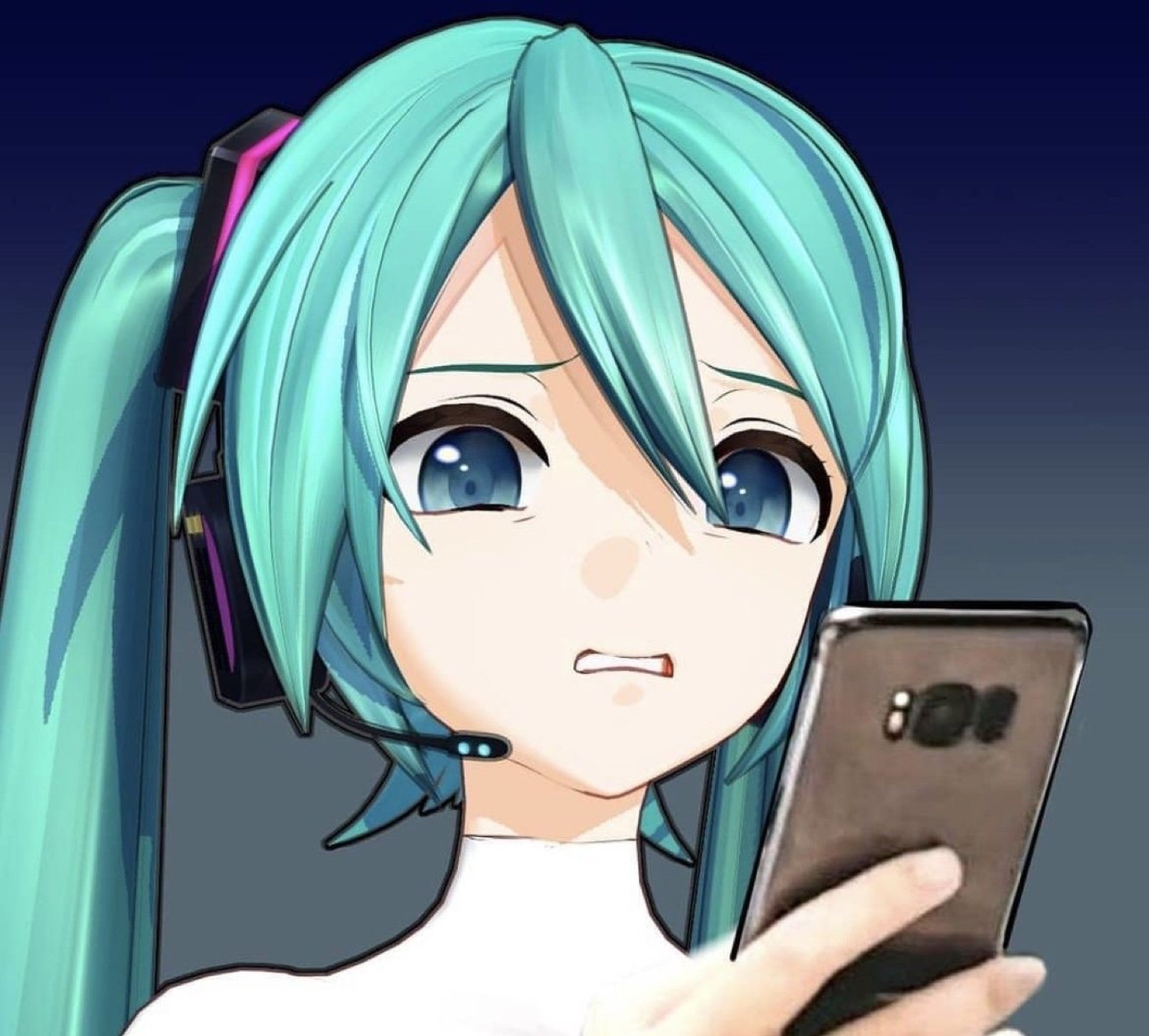 Teal-haired anime girl scowling down at her phone with an annoyed grimace