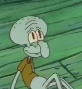 Squidward sitting and resting his face on his hand with a smug self-satisfied smirk