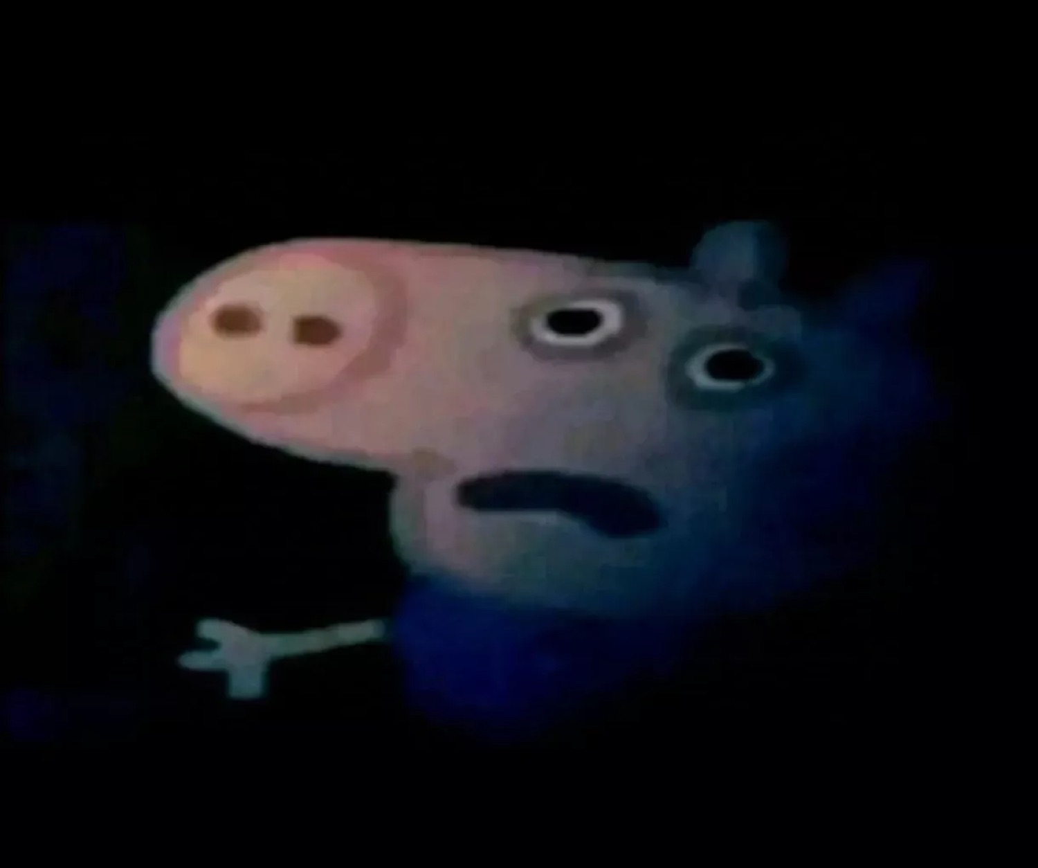 Peppa Pig emerging from the dark looking absolutely terrified in a horror-filter render