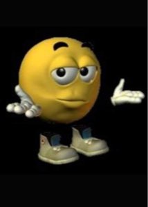 3D smiley emoji with a smug look, shrugging in sneakers