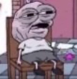 Distorted low-res cartoon face slumped in a chair looking utterly drained