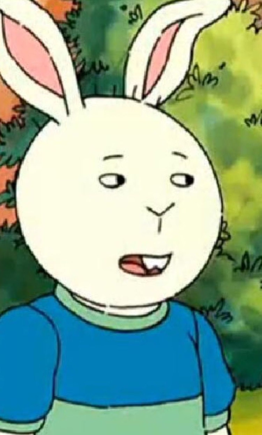 Cartoon rabbit with a slack-jawed, half-lidded blank expression