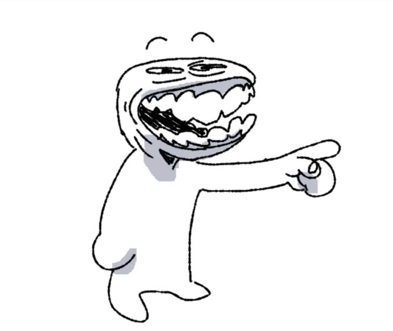 Crude doodle of a creature laughing hysterically while pointing to the side