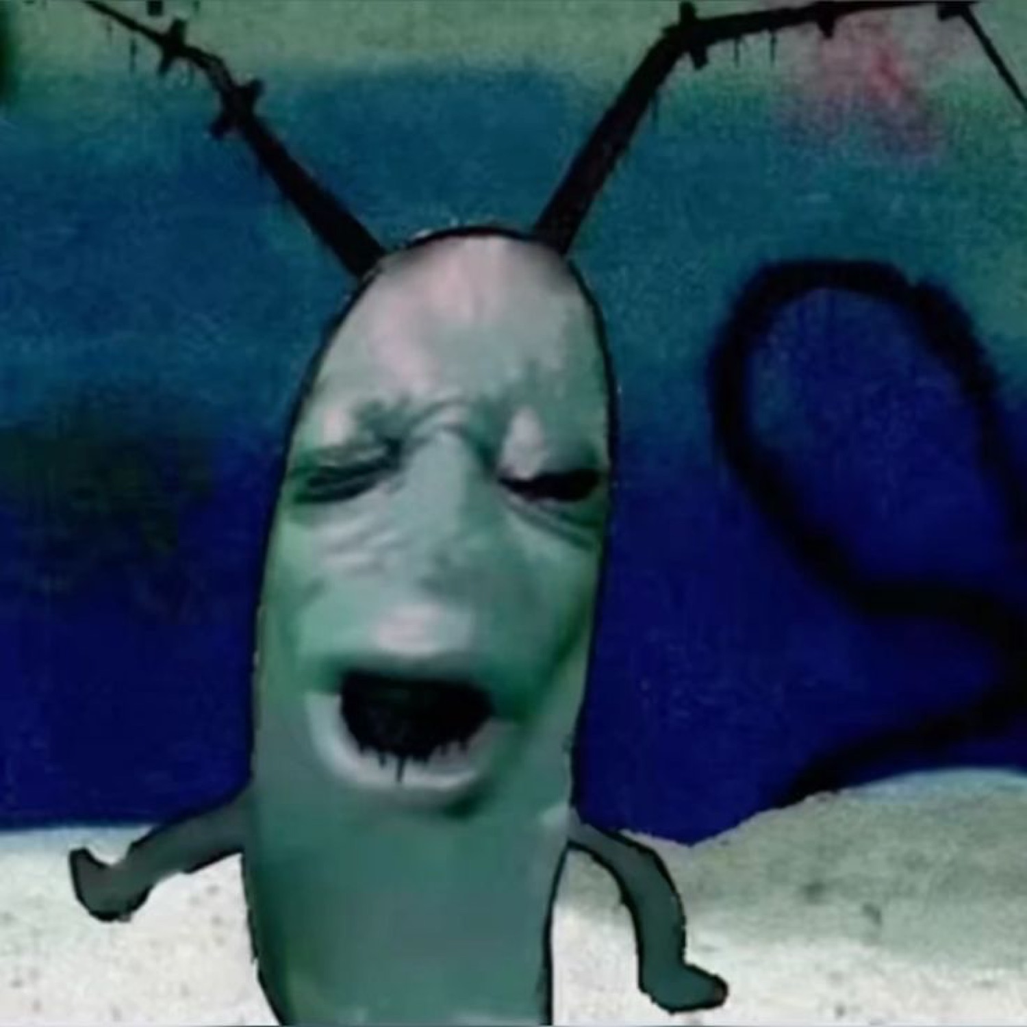 Plankton from SpongeBob with a photorealistic human face screaming in absolute anguish