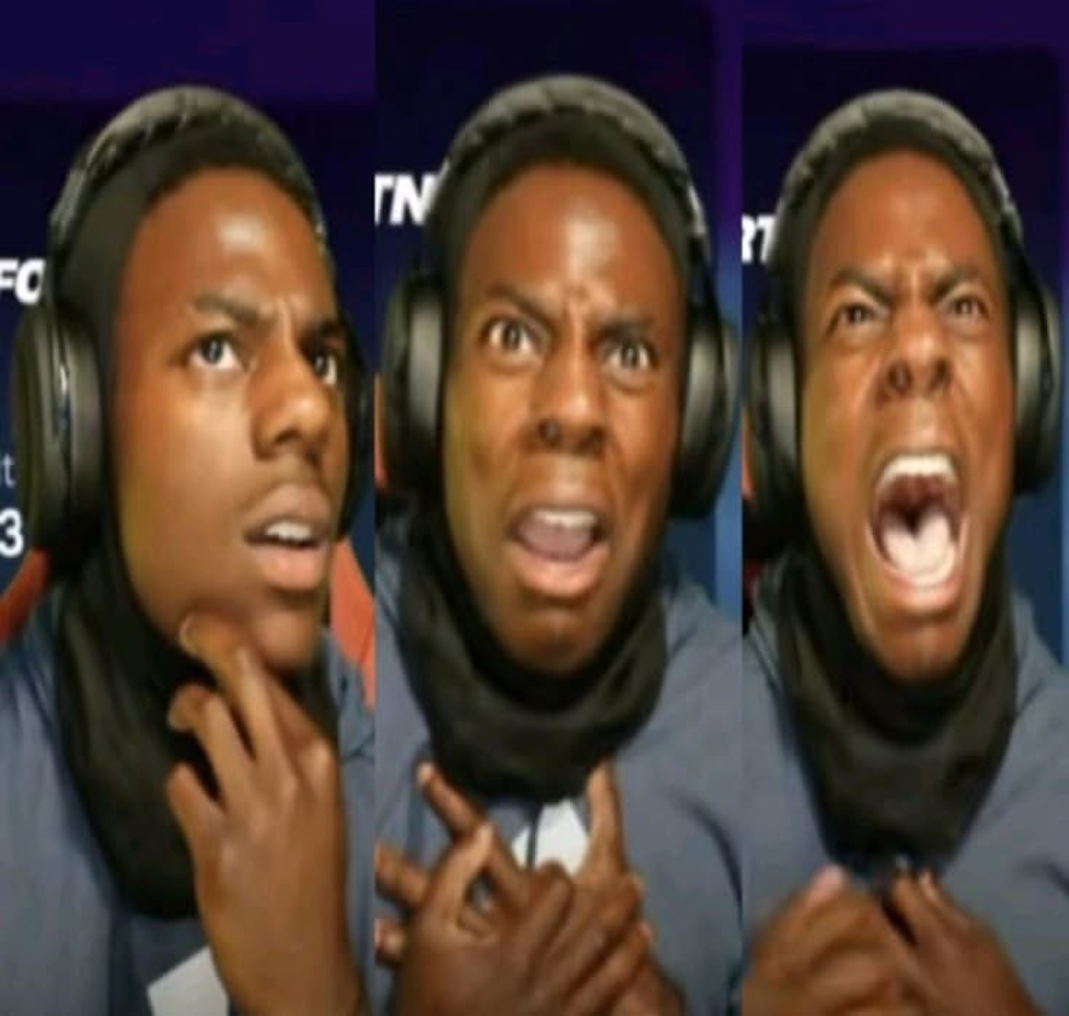 Three-panel of a gamer in headphones escalating from puzzled to furiously screaming
