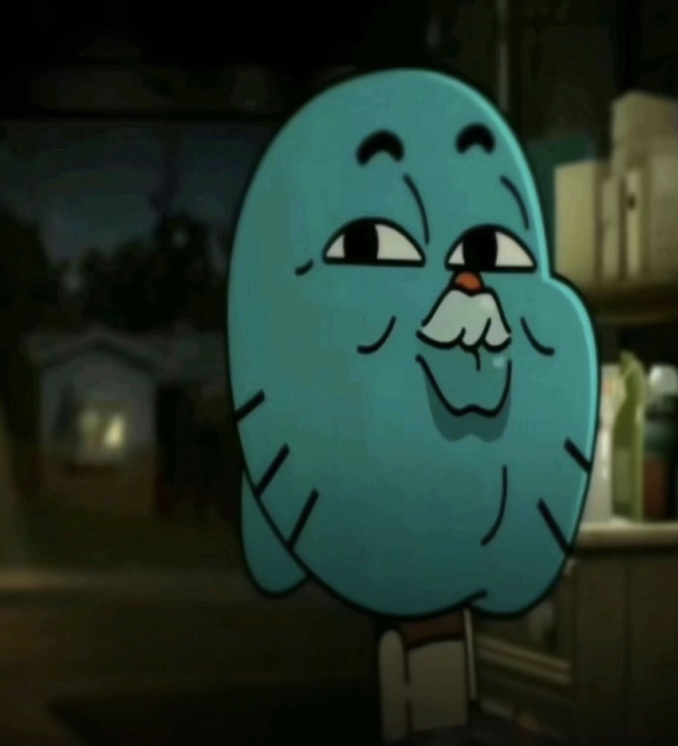 Blue cartoon character with a knowing smirk and fist under chin, oozing smugness