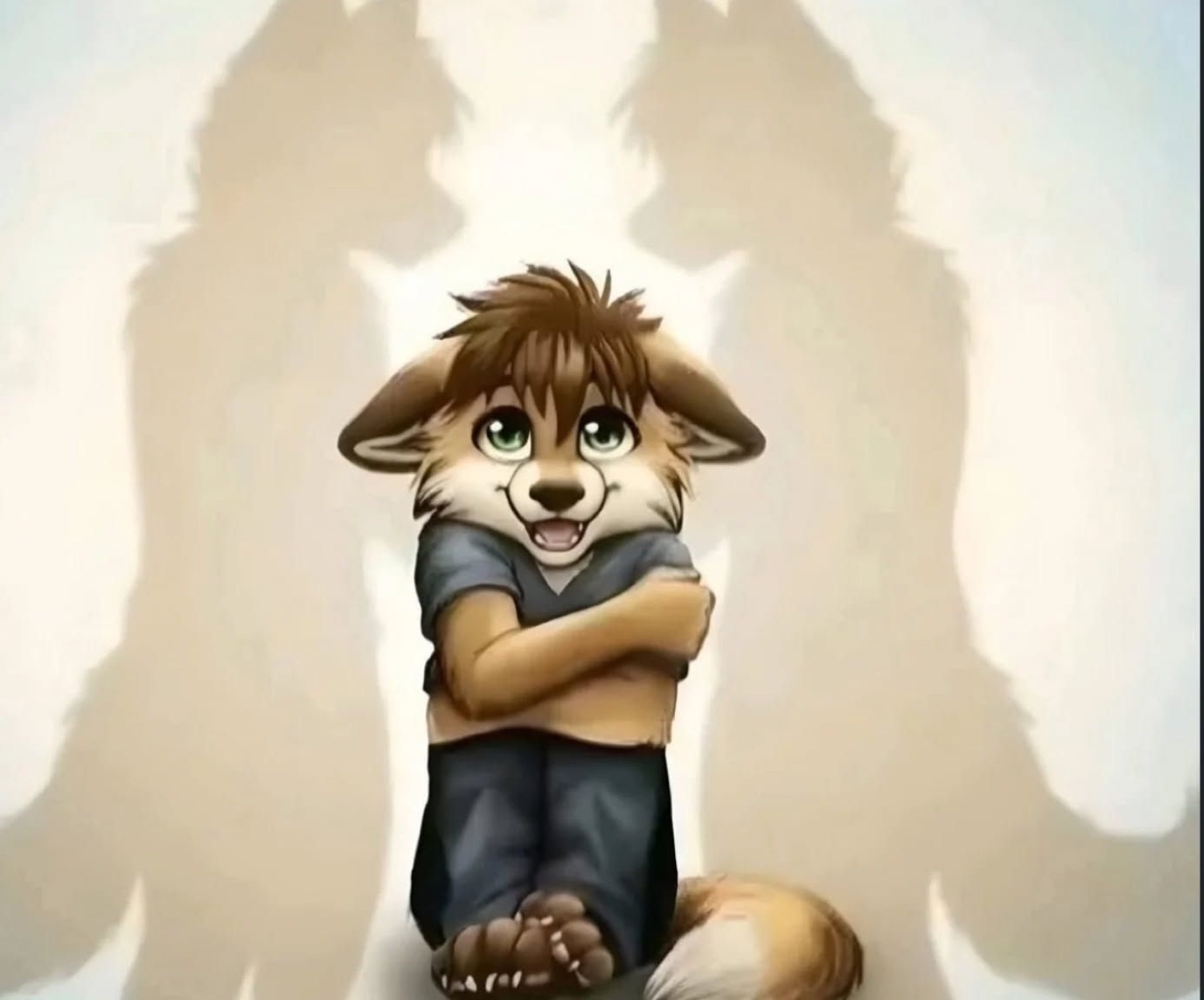 Anthro wolf character hugging its knees with a shy smile as two giant shadows loom behind