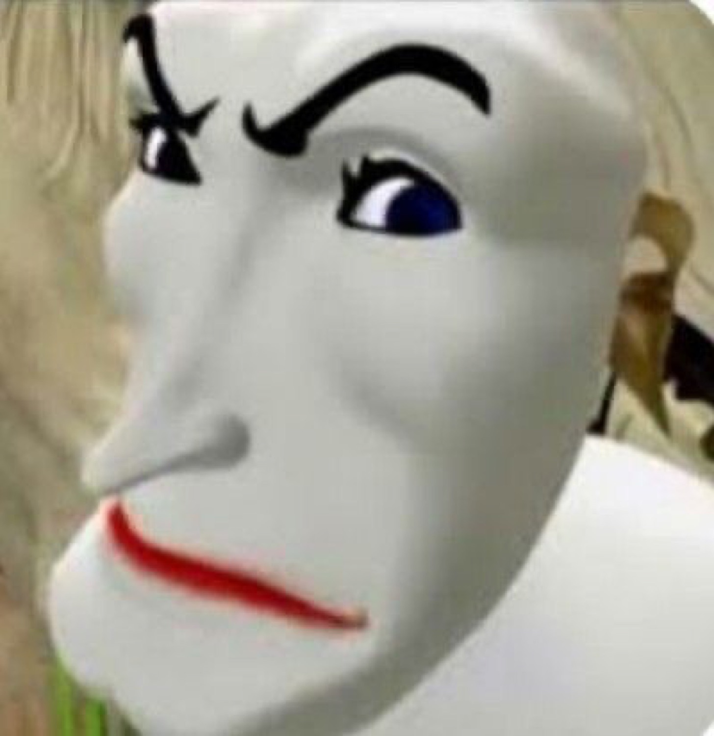 White-faced cartoon figure with a raised eyebrow and red frown giving a judgmental smirk