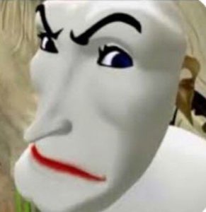 White-faced cartoon figure with a raised eyebrow and red frown giving a judgmental smirk