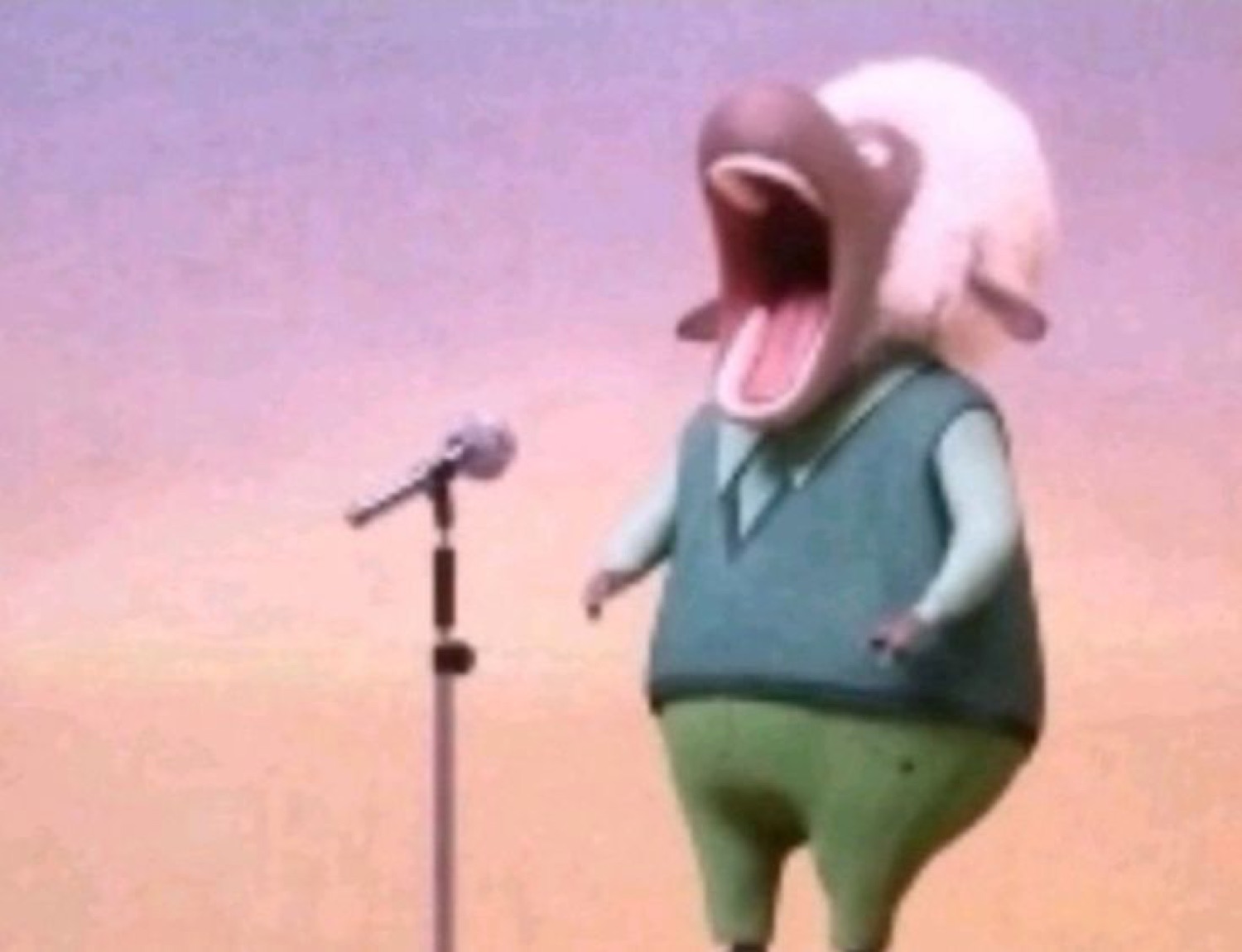Claymation sheep at a microphone belting it out with its mouth flung wide open