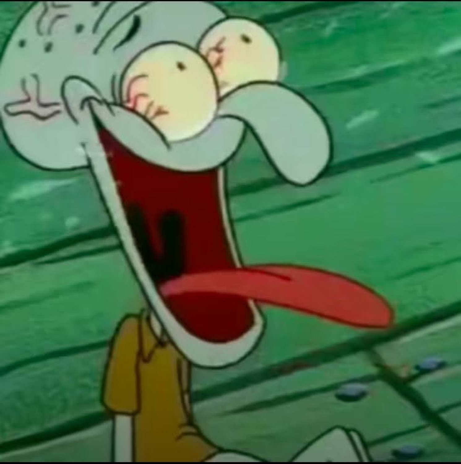 Squidward throwing his head back in a wide, mocking open-mouthed laugh