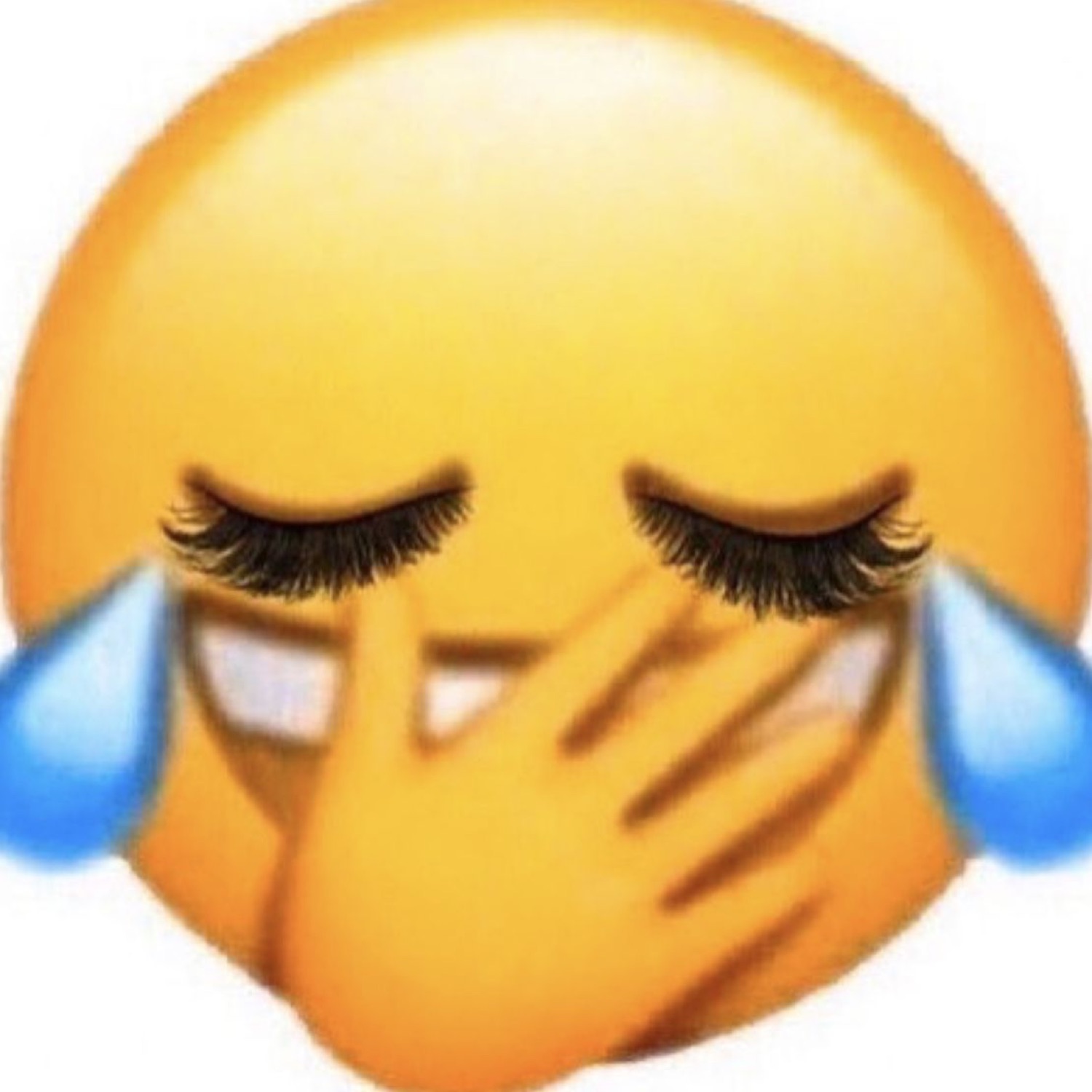 Crying emoji with long false eyelashes and a hand over its mouth, sobbing dramatically