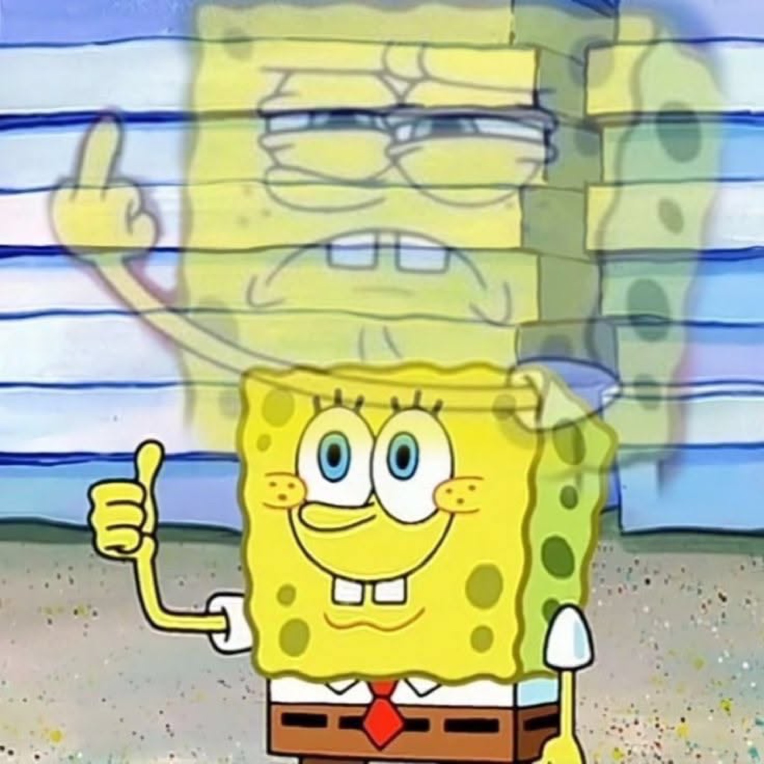 SpongeBob giving a cheerful thumbs-up with a smug, mocking ghost of himself behind