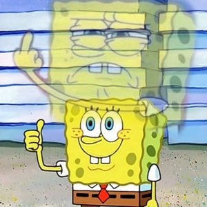 SpongeBob giving a cheerful thumbs-up with a smug, mocking ghost of himself behind