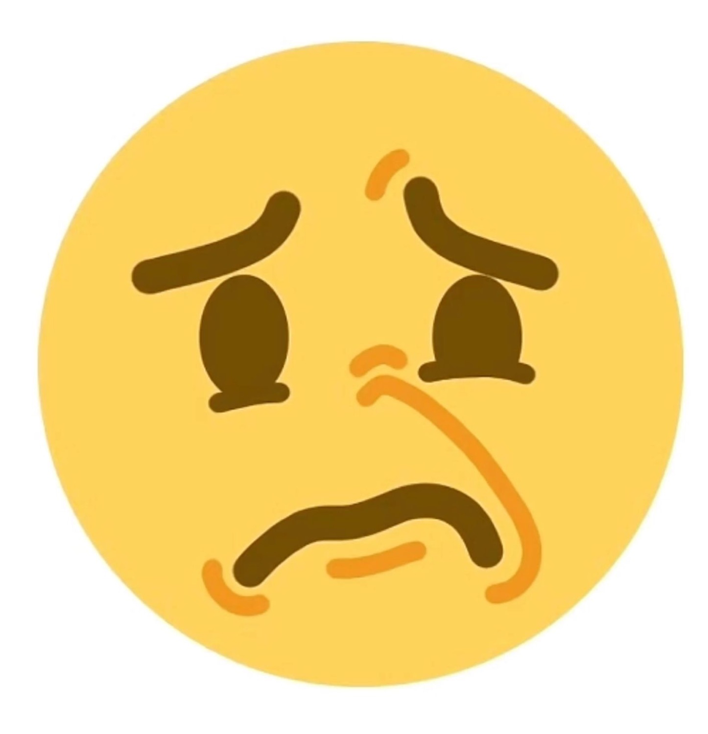 Sad yellow emoji with drooping brows and a wobbly frown, holding back tears