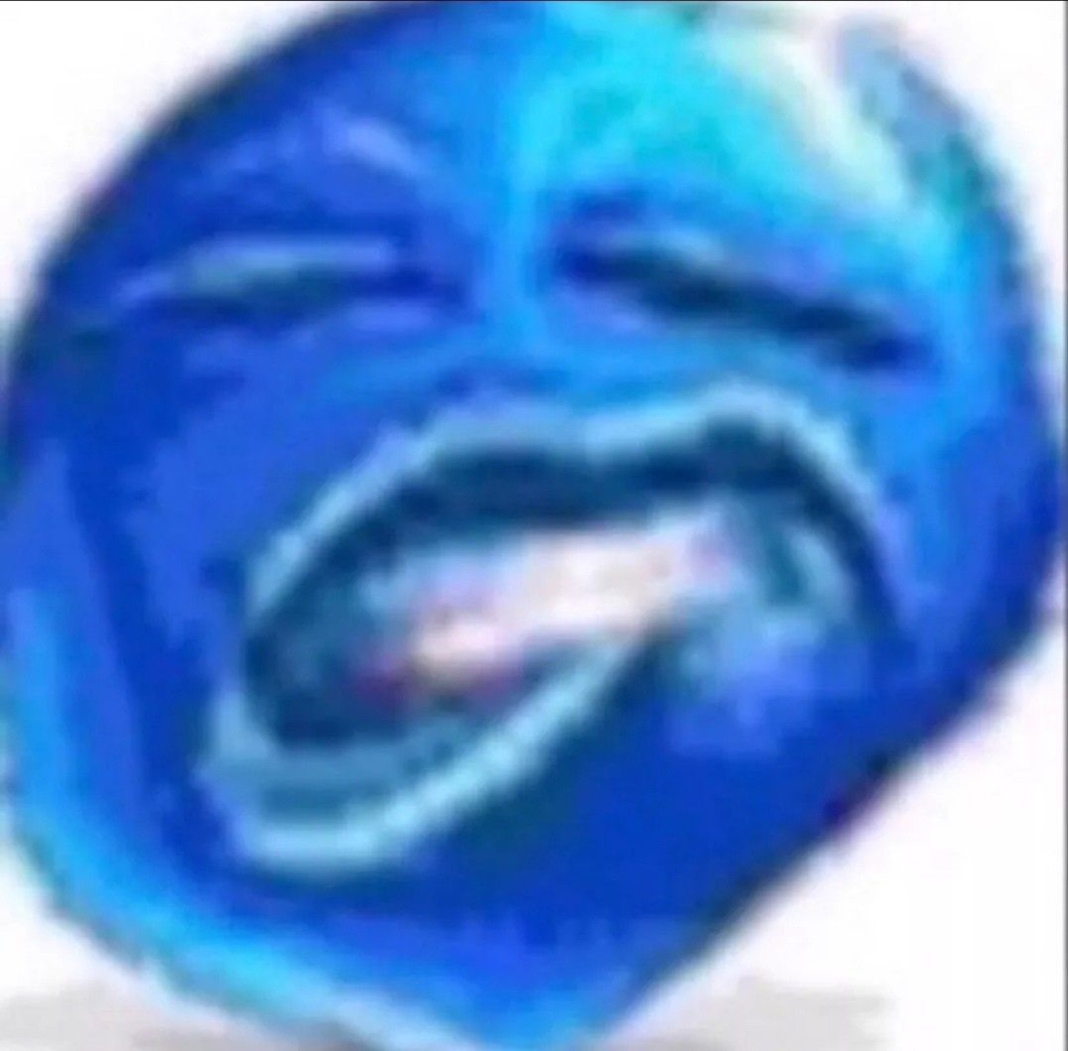 Blurry blue emoji face laughing and crying with its mouth wide open