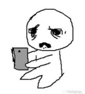 Weary doodle face staring down at its phone with tired, drooping eyes
