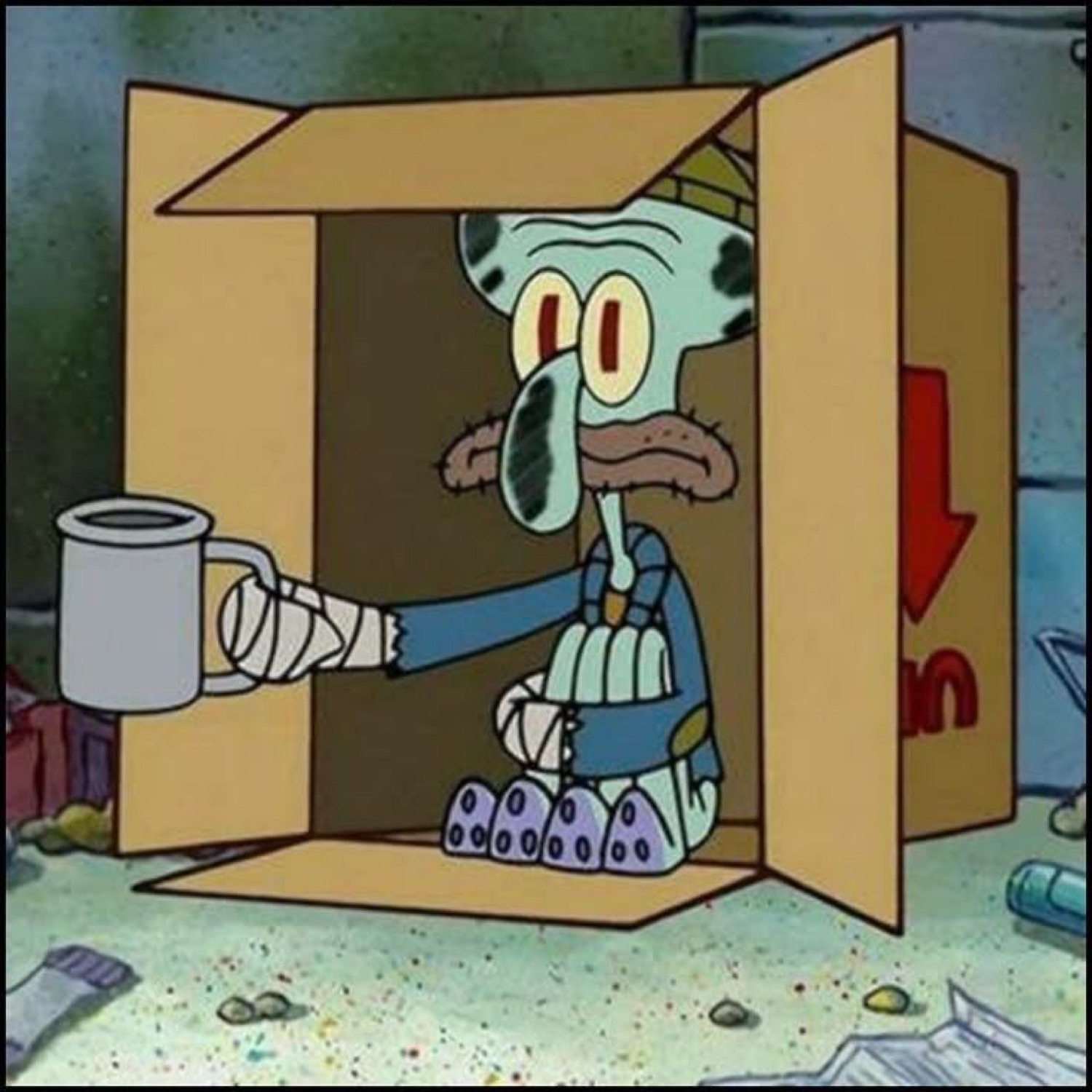 Bandaged Squidward begging in a cardboard box holding out an empty mug