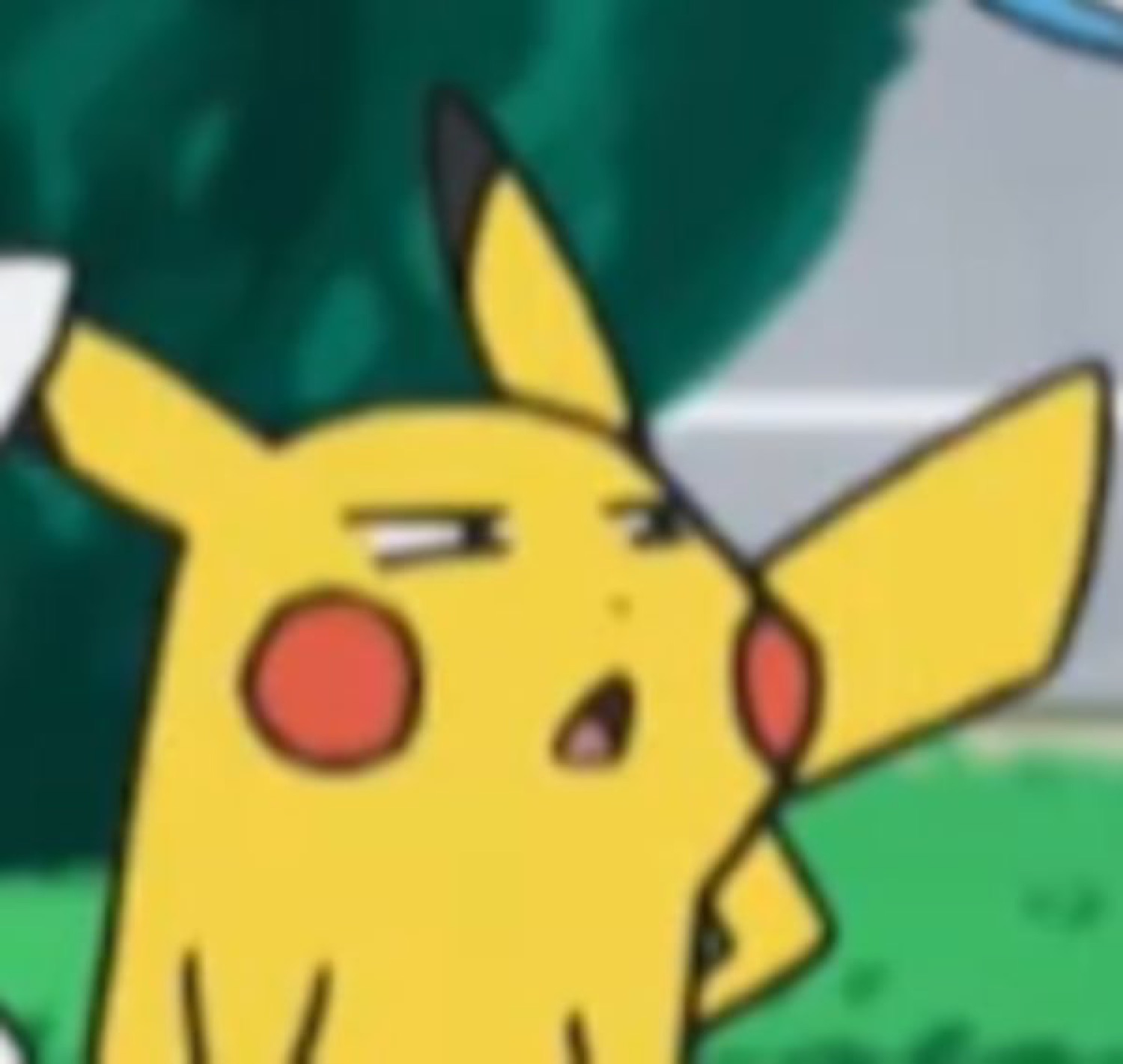 Pikachu side-eyeing hard with one eye nearly shut, looking thoroughly unimpressed